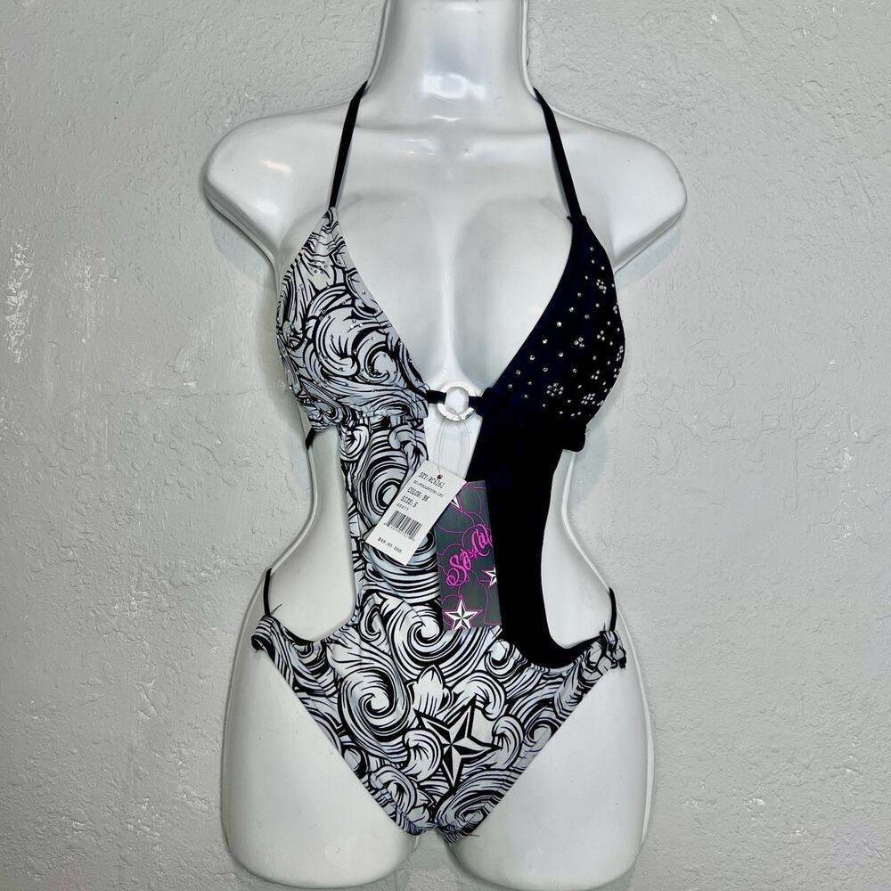 Y2K Rare Socal One Piece Bikini Rhinestones Black & White Adjustable Size S NWT